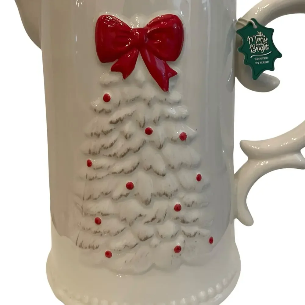 Hand Painted Holiday Ceramic Pitcher Christmas Tree with Bow Topper New